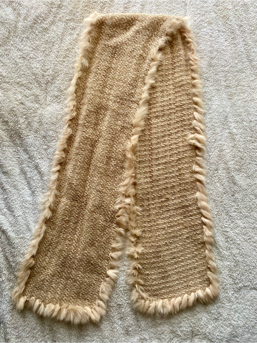 Vintage Boho Beige Faux-Fur Trim Knit Scarf - Autumn Quiet Luxury